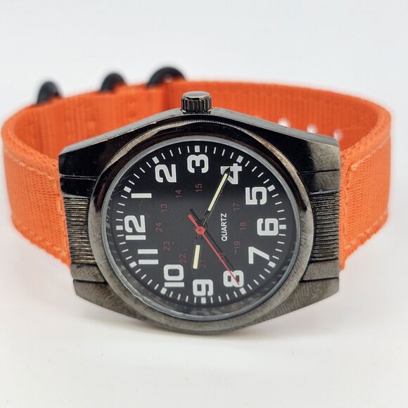 Men's Military Watch 36MM Black Dial New Orange Canvas Band Straps New Battery - Picture 4 of 11
